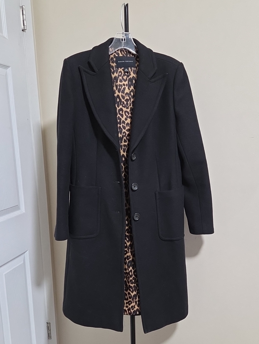 Banana Republic Wool Blend Black Trench Coat with Leopard-Print Lining